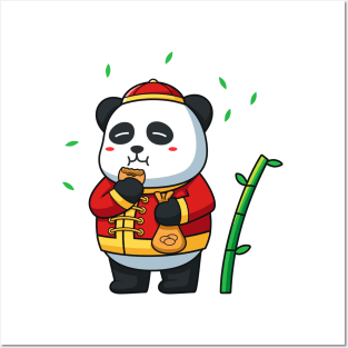 Cute panda eating with chinese costume Posters and Art